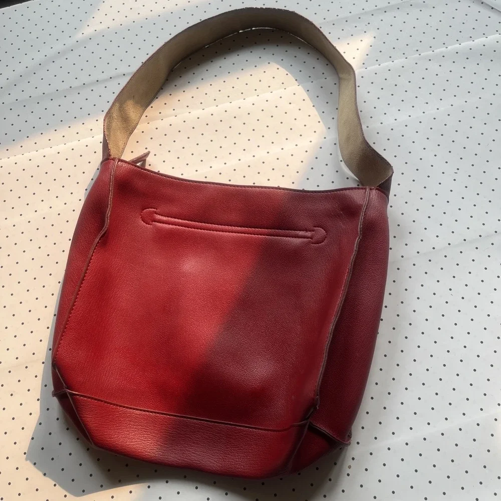 Vintage 90s Cherry Red Leather Hobo Shoulder Bag Minimalist Purse